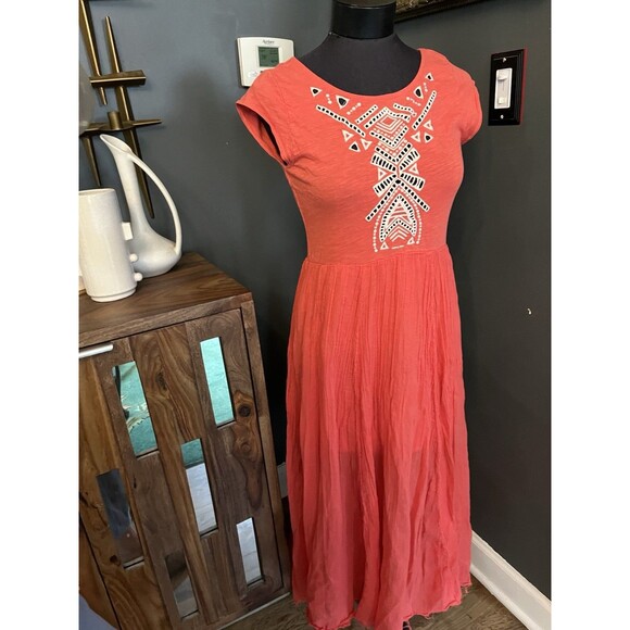 Free People Embroidered Coral Dress Cutouts Boho Gauze Skirt Cottagecore S - Picture 7 of 10